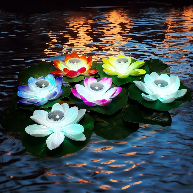 VIHOSE 6 Pcs Solar Floating Pond Lights Waterproof Solar Lotus Floating LED with 10 Pcs Lily Pads Swimming Pool Pond Flower Night Lights for Patio Garden Pool Outdoor Party Decorations - Image 1